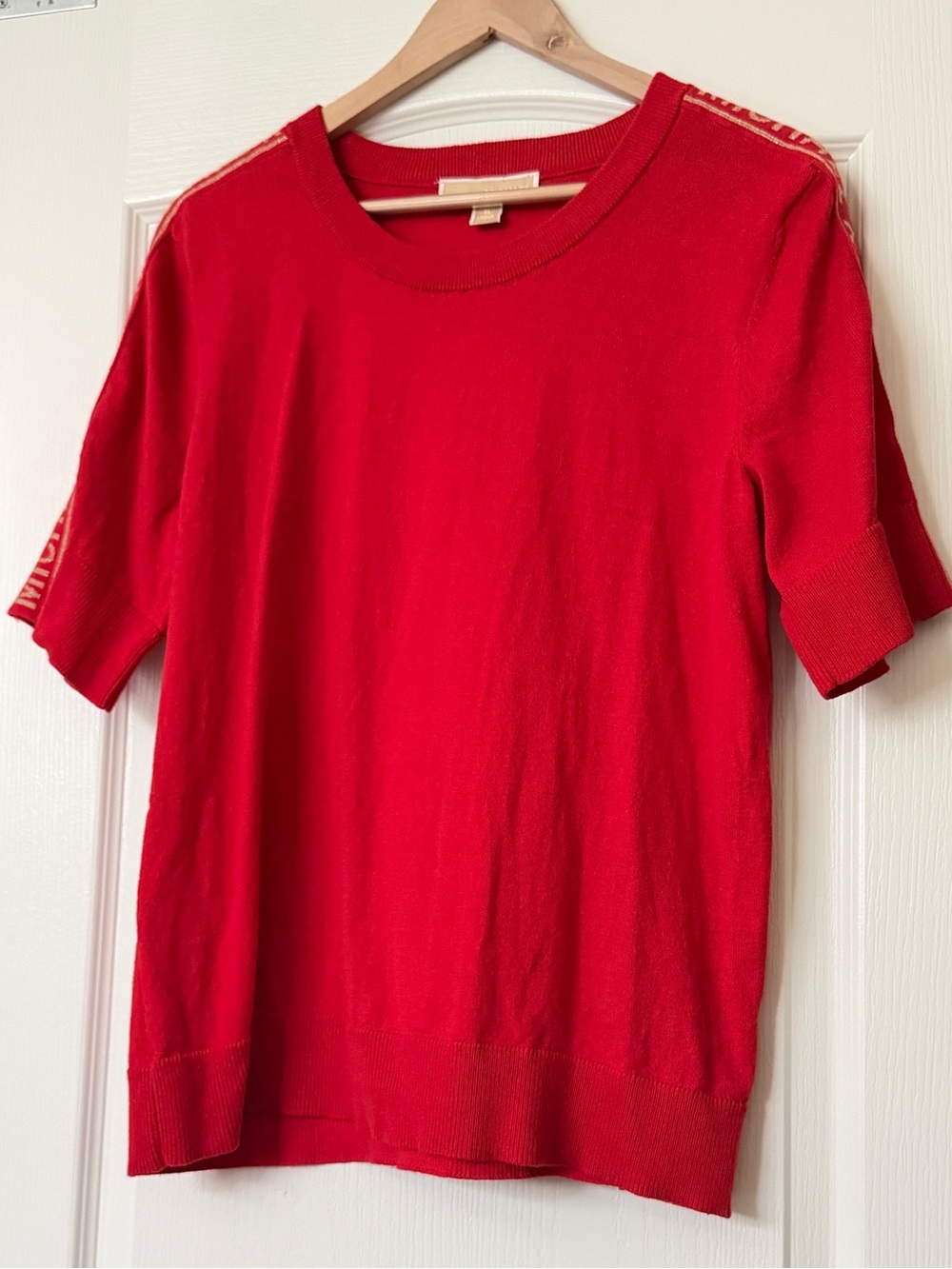 Michael Kors Red Metallic Accent Short Sleeve Knit Sweater Size M Cotton Blend